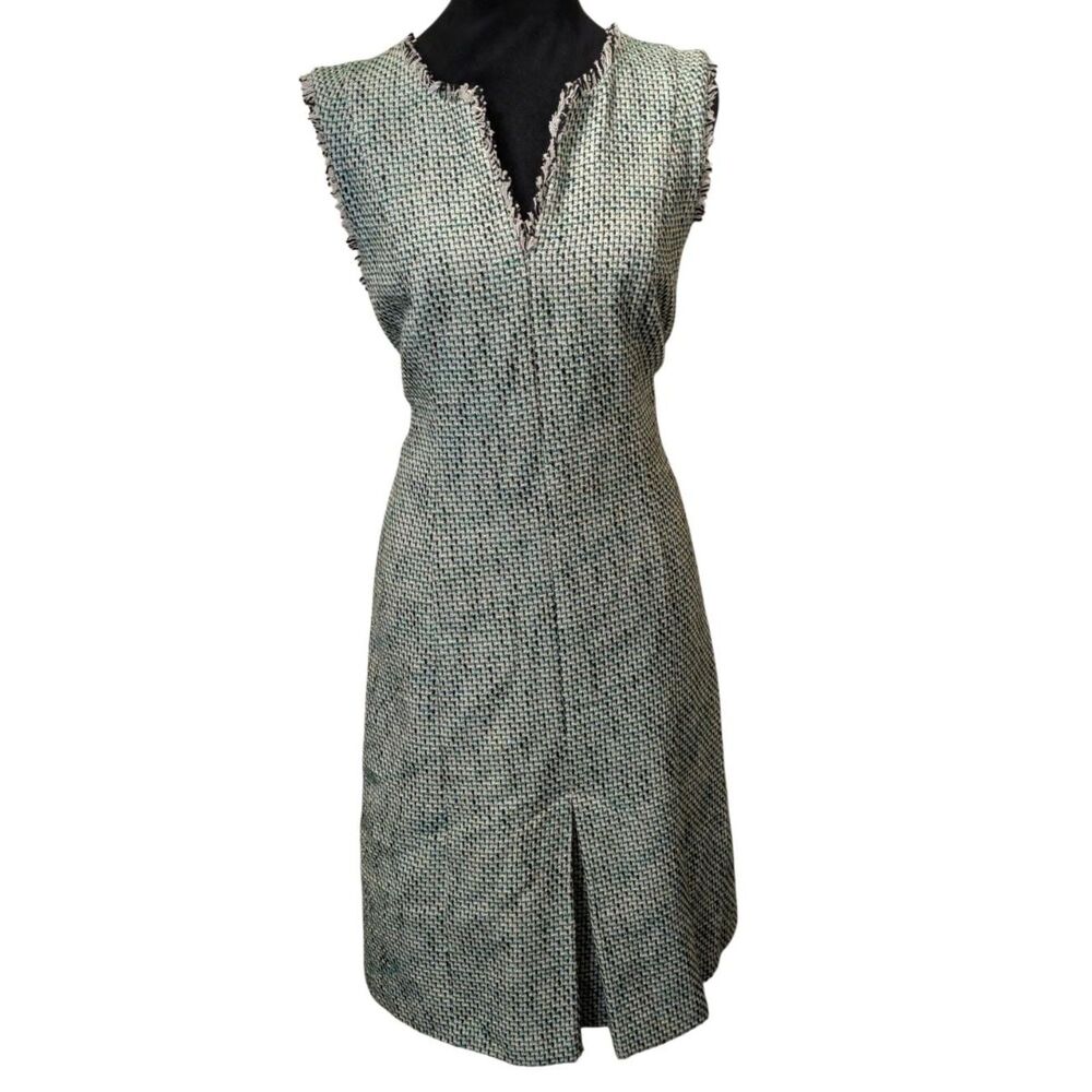 Karl Lagerfeld Paris Raw Fringe Tweed Sheath Midi Dress Green Cream, 14
